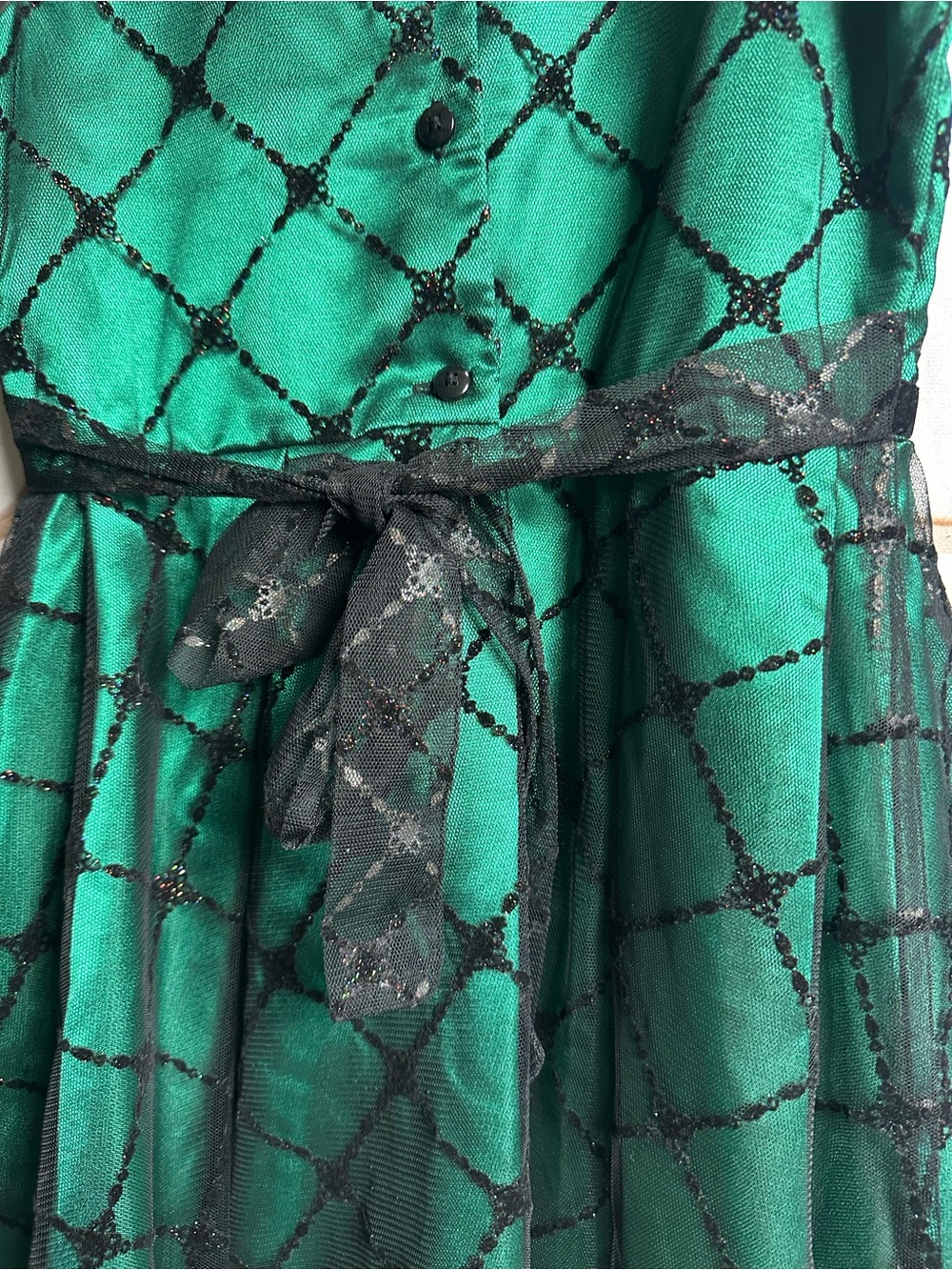 Jona Michelle Emerald Green Lattice Party Dress with Velvet Bow - Picture 6 of 13